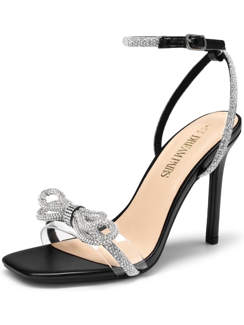 Women's Black Stiletto with Rhinestone Double Bow Slingback High Heeled Sandals